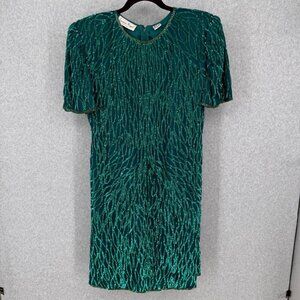 Laurence Kazar Womens VTG Silk Cocktail Party Dress Size M Green Sequin Beaded